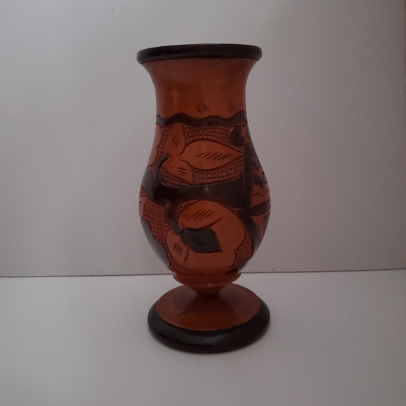 Hand Carved Wood Vase Tribal Native Folk Art Floral Design 9" Tall - Picture 7 of 8